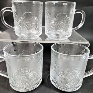 4 Glass Coffee Mugs Flowers Polynesian Tropical 3D Impressed Floral KIG Malaysia